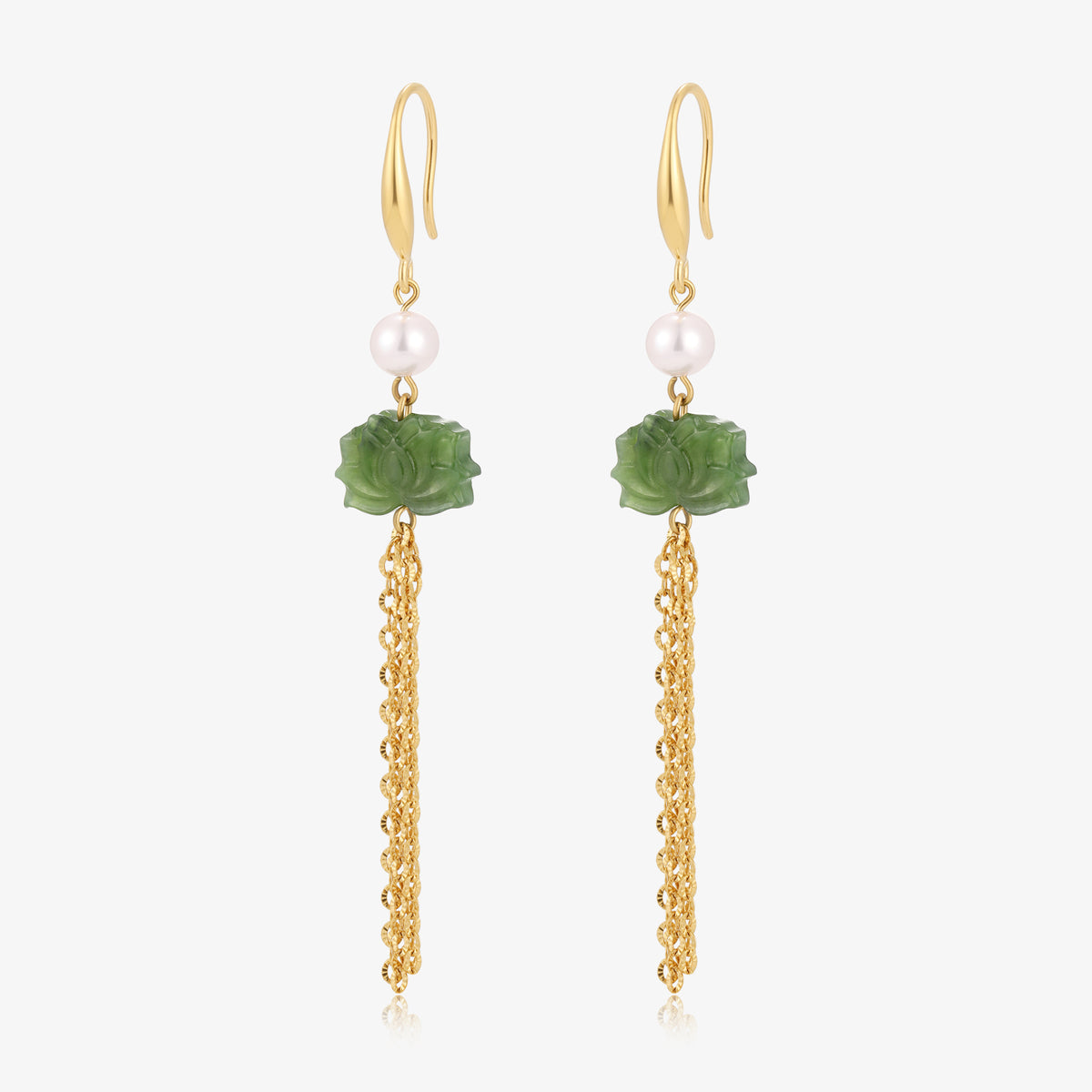 Long Dangle Flower Jade & Fresh Water Pearl Earrings
