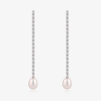 Long Dangle Zirconia Fresh Water Pearl Earrings