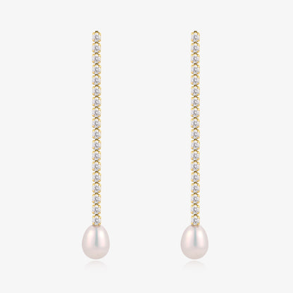 Long Dangle Zirconia Fresh Water Pearl Earrings