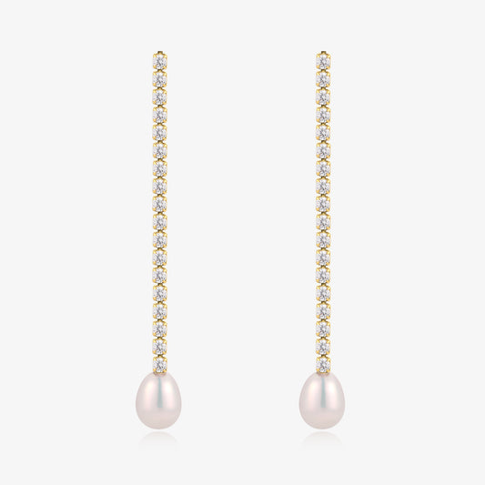 Long Dangle Zirconia Fresh Water Pearl Earrings