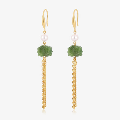 Long Dangle Flower Jade & Fresh Water Pearl Earrings