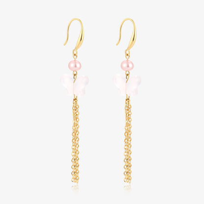 Long Dangle Butterfly Jade & Baby Fresh Water Pearl Earrings