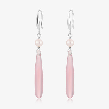Long Dangle Pink Quartz & Baby Fresh Water Pearl Earrings