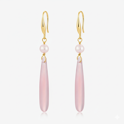 Long Dangle Pink Quartz & Baby Fresh Water Pearl Earrings