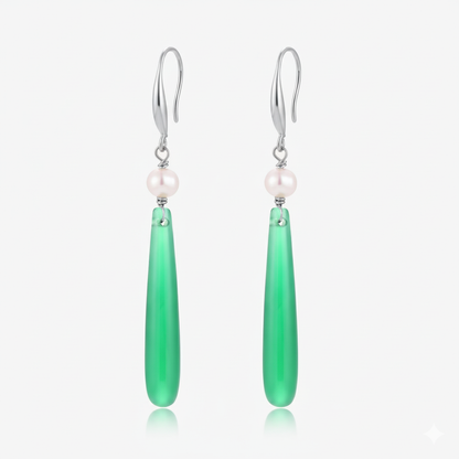 Long Dangle Green Jade & Baby Fresh Water Pearl Earrings