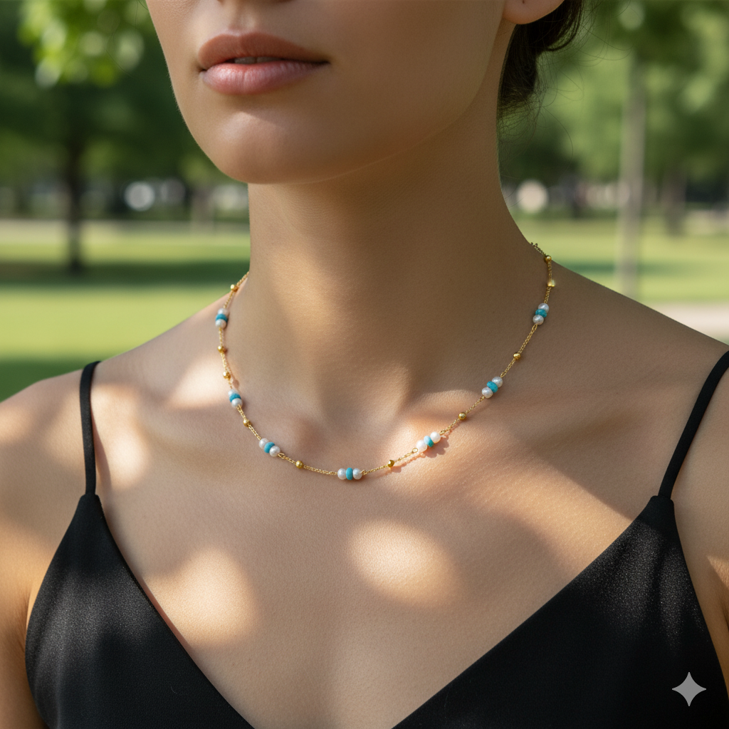 Stationary Design Fresh Water Pearl & Turquoise Necklace