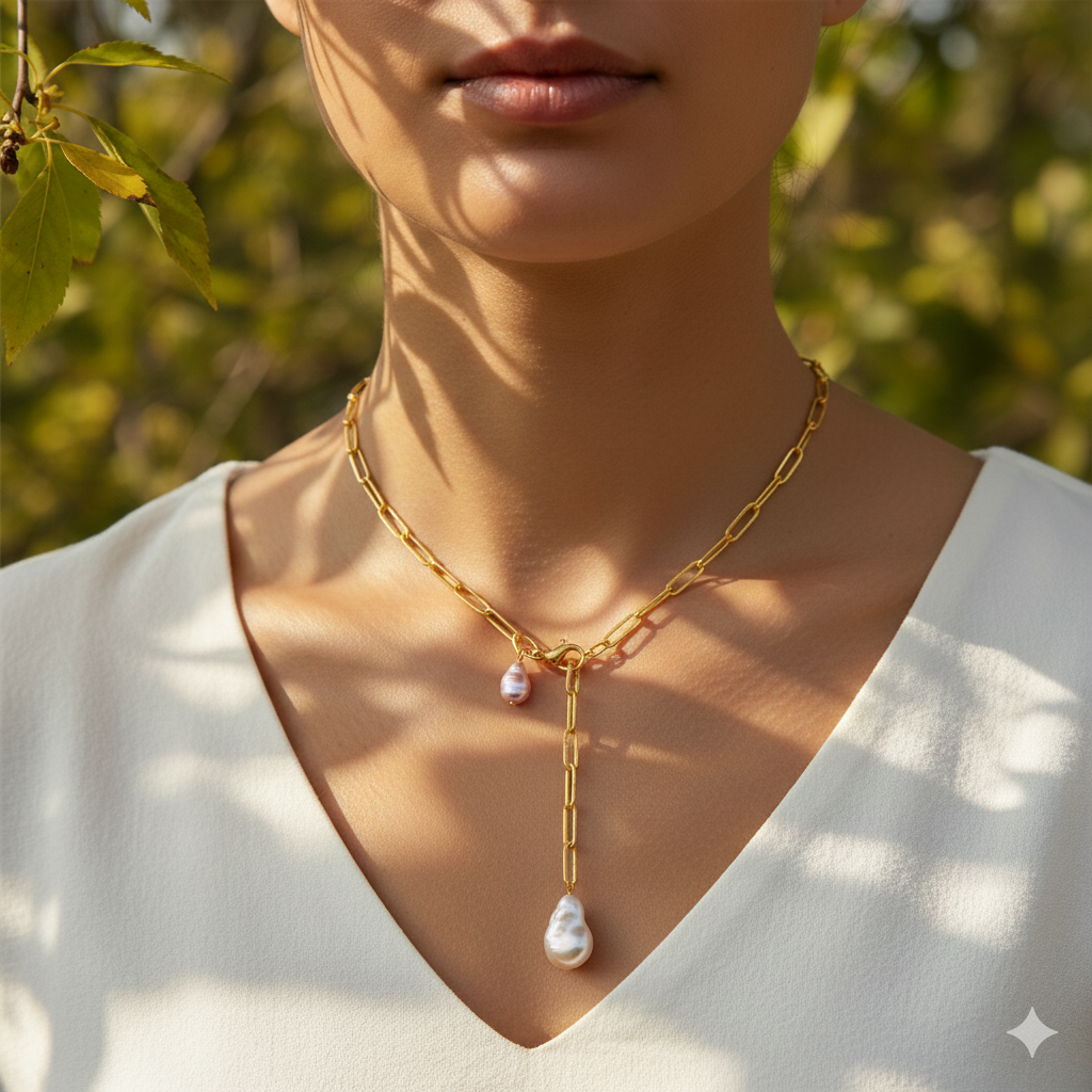 20'' Medium Size Paperclip Chain Necklace With Baroque Pearl Necklace